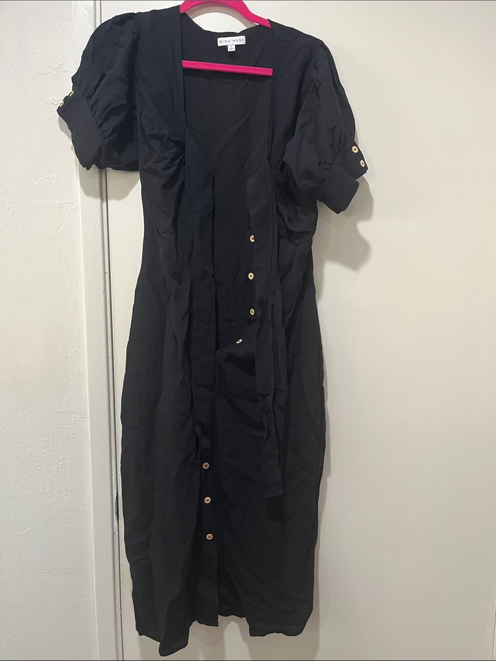 Black Button-Front Midi Dress with Puff Sleeves